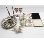 Selection of silver plated and polished pewter ware incl. miniature model animals, pair of