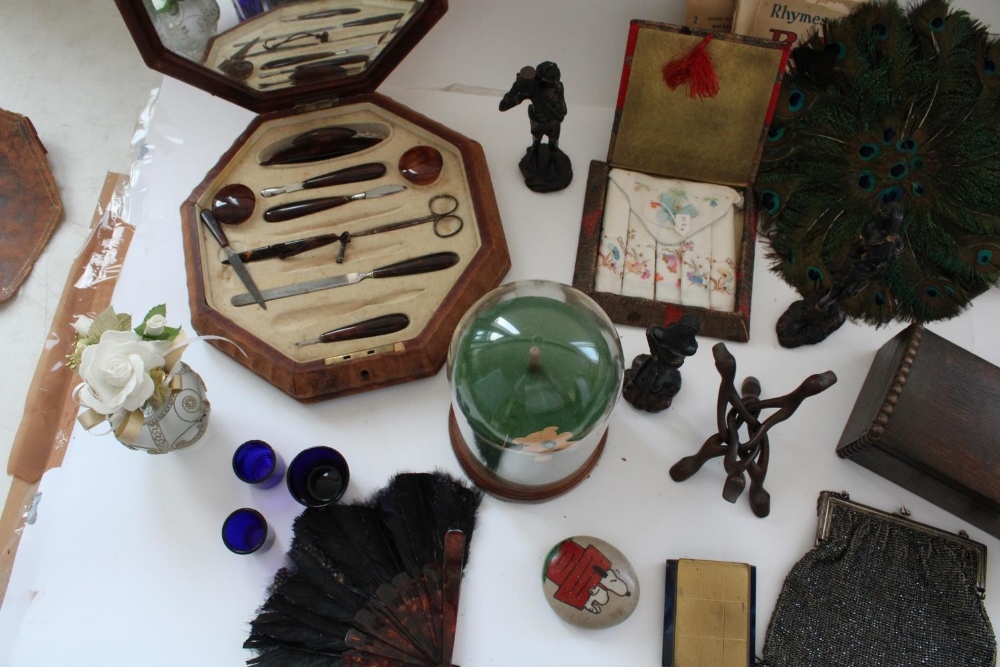 Peacock feather fan, 1930's burr walnut letter rack, vanity set and other collectables (qty) - Image 3 of 5