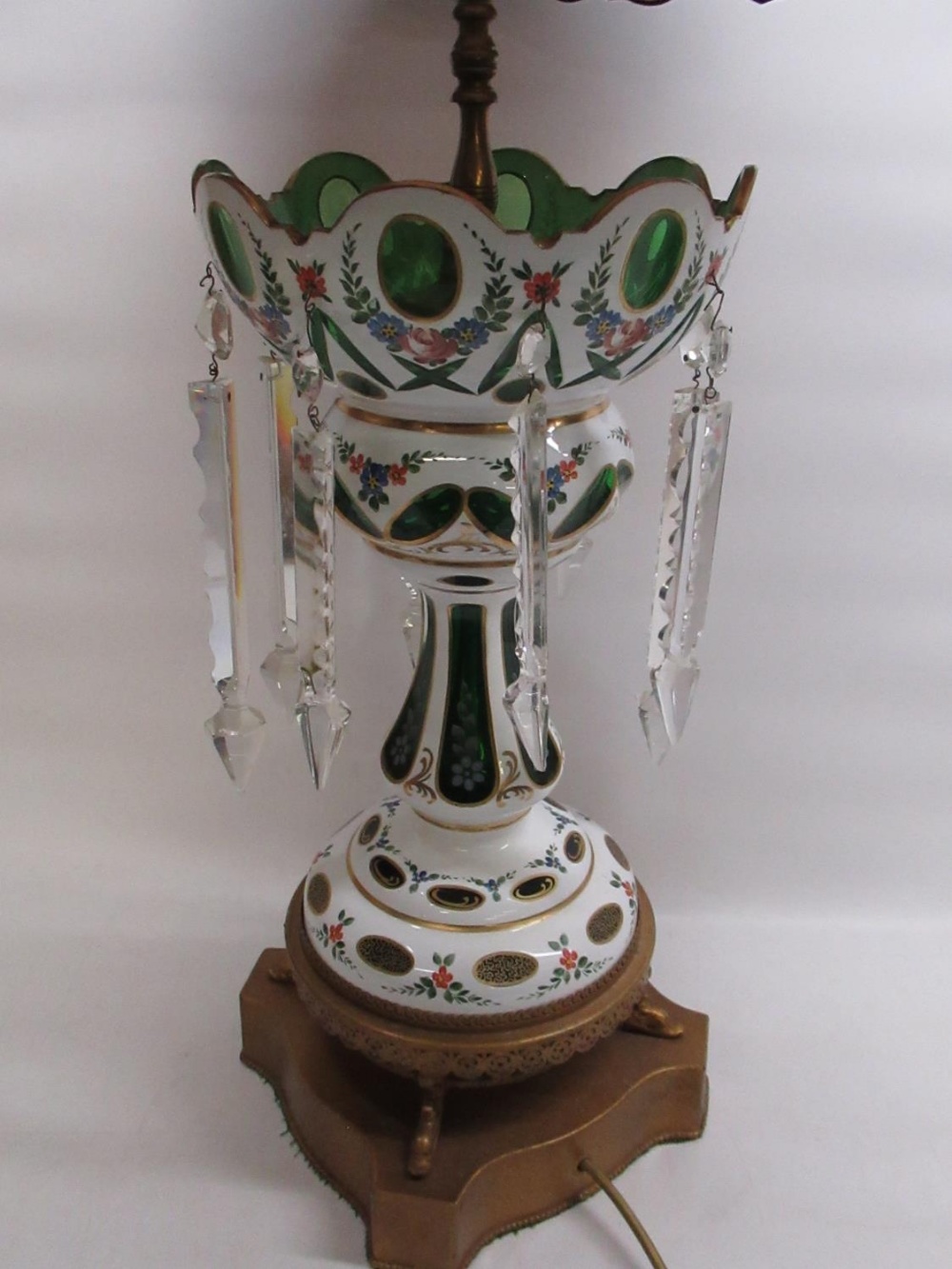 Early C20th Bohemian cut to clear green glass & white overlay lustre, later converted to table lamp, - Image 3 of 3