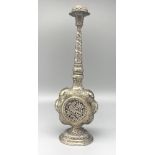 late C19th Indian white metal rose water sprinkler with ornate foliage detail, both sides set with a