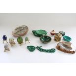 Malachite beaded necklace, ashtray and bowl, selection of collectable decorative eggs, onyx