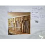 Seven pairs of light gold/cream curtains, approx. 193cm drop, lined, with pelmets, tiebacks and