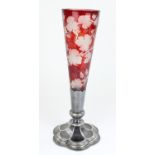 Late C19th Bohemian glass trumpet vase, the ruby glass flash cut engraved with fruit and vine