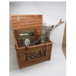 Liberty Strawberry Thief pattern draught excluder, Fortnum & Mason Wicker picnic basket with