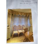 Pair of light gold/cream damask curtains, approx. 240cm drop, lined, with tiebacks, nets and