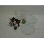 Selection of modern glassware incl. pair of Wedgwood bird paperweights, Austrian sculptural glass