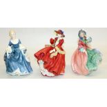 Royal Doulton porcelain figures: Hilary HN2335, H18.5cm, Spring Morning HN1922, H19cm, and Top o'