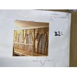 Three pairs of light gold/cream curtains, approx. 188cm drop, lined, with pelmets, tiebacks and