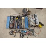 Three tier cantilever tool box containing hand tools, rasps, hammer, hand drill etc, collection of