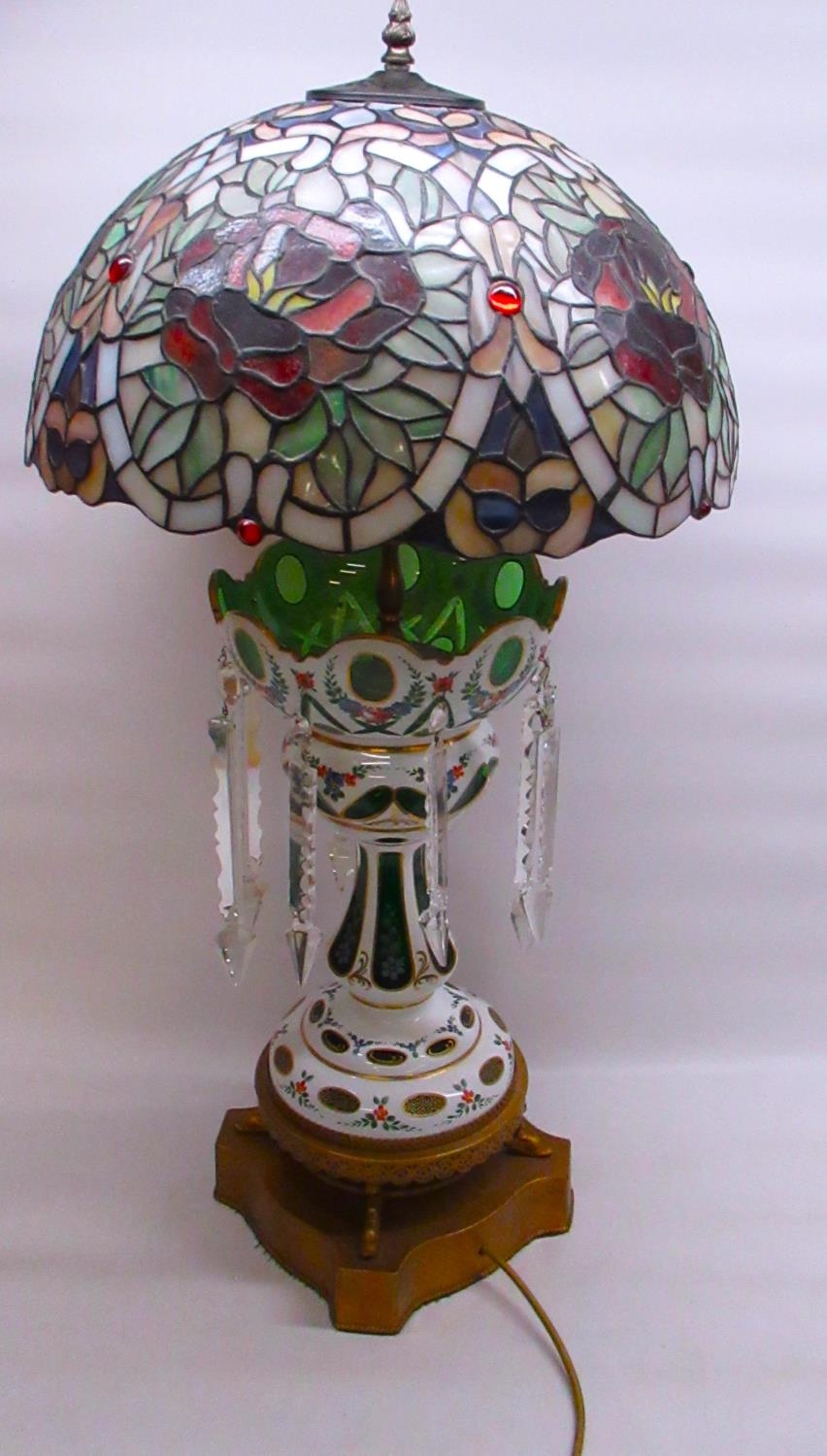 Early C20th Bohemian cut to clear green glass & white overlay lustre, later converted to table lamp,