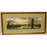 Douglas Haddow (British C20th): Lake scene at Sunset, watercolour, signed, 22cm x 67cm