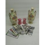 Pair of Crown Devon Wick vases, 2 matching Cranberry glasses with floral painted decoration, mixed