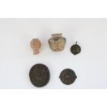 Selection of Cypriot Greco-Roman antiquities incl. bronze plaque with female mask in relief, small