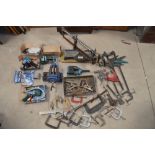 Collection of workshop clamps, vices, Work Zone air driven orbital sander, compound mitre saw by C.