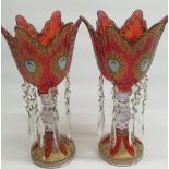 Pair of late C20th Bohemian ruby and gilt glass lustres, H30cm