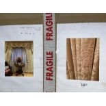 Pair of light gold/cream damask curtains, approx. 229cm drop, lined, with tiebacks, pelmet and nets,