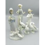 Four Lladro figures incl. girl with goose, girl with bouquet, girl with lute, pair of geese and a