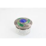 Hallmarked silver and glass Art Nouveau powder pot, lid with embossed floral pattern with blue and