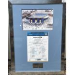 Maine Road signed display, picture signed by Summerbee, Lee and Bell, Team sheet signed by the Squad