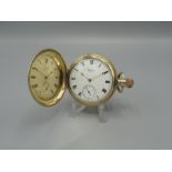 Waltham rolled gold hunter keyless wound and set Hunter pocket watch, signed white enamel dial