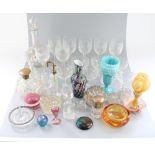 Selection of crystal and coloured glass incl. iridescent apple paperweight, Mary Gregory style scent