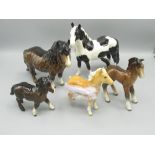 Five Beswick Horses, Shetland Pony Model No1033 H14cm, Shetland Foal Model No1034 H9cm, Black and