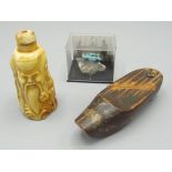 C20th Chinese carved bone snuff bottle carved in relief, late C19th pine painted snuff box in the