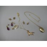 9ct yellow gold locket on 9ct gold chain, both stamped 375 or 9ct, a 9ct yellow gold horse necklace