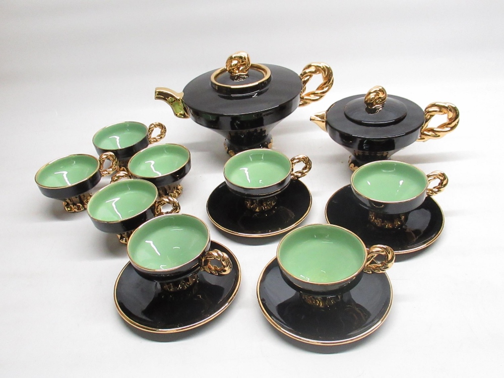 Marius Giuge Vallauris 14 piece Art Deco style tea service, black glaze with gilt highlights with