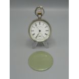 Waltham silver keyless wound and set open faced pocket watch, signed white enamel dial with