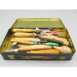 Collection of wood carving tools mostly Swiss with beech handles