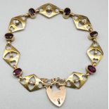 9ct yellow gold bracelet, the diamond shaped links set with seed pearls, separated by oval cut