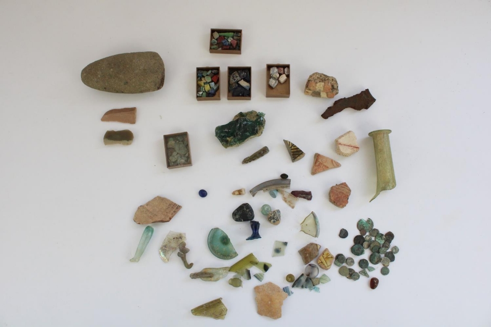 Selection of Cypriot Greco-Roman pottery shards, tile pieces, glass shards, coins and earlier