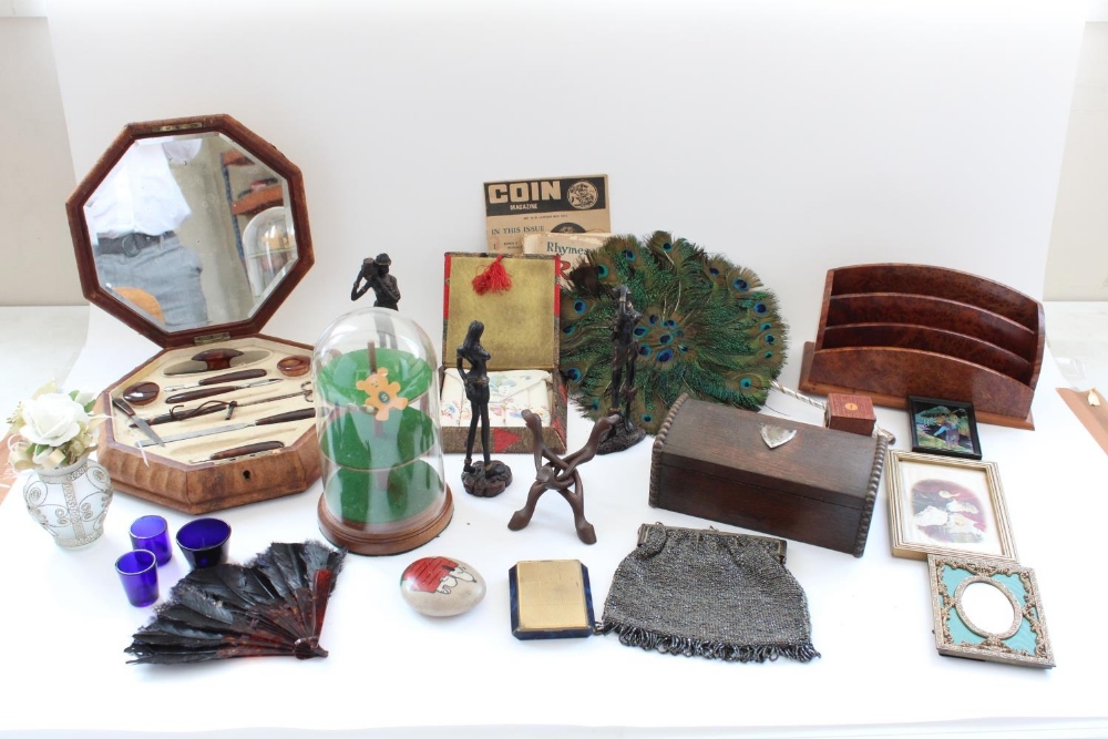 Peacock feather fan, 1930's burr walnut letter rack, vanity set and other collectables (qty)