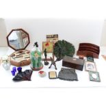 Peacock feather fan, 1930's burr walnut letter rack, vanity set and other collectables (qty)