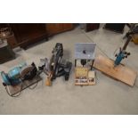 Clarke 8" wetstone grinder, Performance Pro 1200W chop saw, Elu router with bits and a Bosch drill