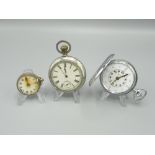 Open faced keyless wound and set pocket watch with engraved back, chrome plated hunter cased brail