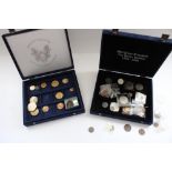 Two boxes of mainly re-strikes and fantasy coins with some commemoratives