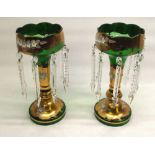 Pair early C20th Bohemian green and gilt glass lustres, body decorated in floral enamels, H31cm