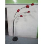 Danlight chromed metal floor lamp, five adjustable branches with red glass shades, H210cm