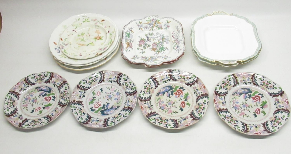 MaCartney Imperial Stone China four C19th dinner plates, Minton pair of Victorian Cake plates,