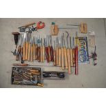 Collection of wood chisels, files, clamps, workzone diamond cutting discs etc