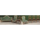 Victorian burr walnut inlaid and satinwood strung salon suite comprising; sofa with serpentine