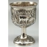 Victorian hallmarked silver goblet, bowl repousse with bucolic study of a cow in wooded rural