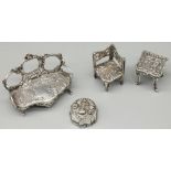 Edward VII hallmarked continental silver rococo style miniature sofa, scrolled openwork back with