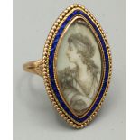Georgian gold coloured metal navette shaped mourning ring, painted with a half length portrait of