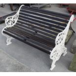 Cast metal garden bench with rose, thistle and leaf design, W128cm H78cm D47cm