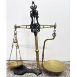 Set of early C20th cast iron and brass Agate Patent Balance Scales, to weigh 10lbs, with pans, W72cm