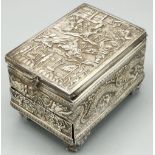Early C20th Chinese silver rectangular jewellery box, hinged cover with interior mirror above a