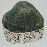 Early C20th Chinese silver heart shaped pin cushion inkwell, pierced with dragons, impressed LW,